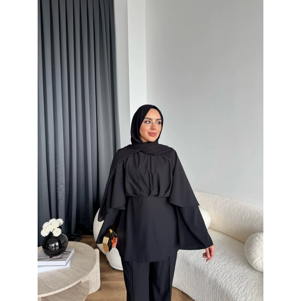 Qu - Eytan Fırfırlı Krep Takım - Siyah