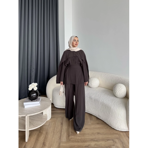 Tb - Beslan Pelerin Detaylı Takım - Kahve