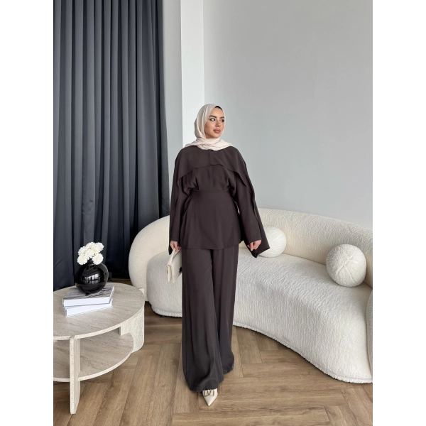 Tb - Beslan Pelerin Detaylı Takım - Kahve