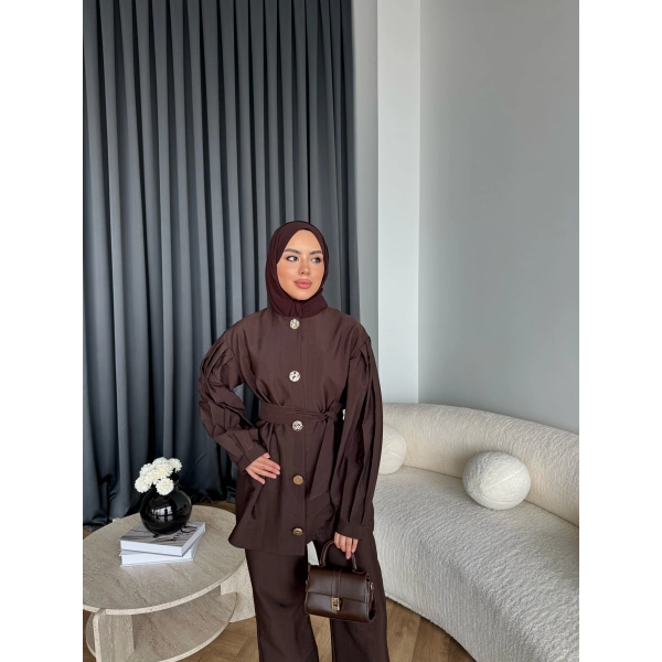 Tb - Eşla Gold Düğmeli Takım - Kahve