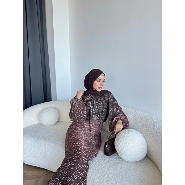 Qu - Linas Ponponlu Şifon Elbise - Kahve