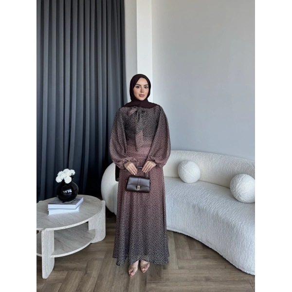 Qu - Linas Ponponlu Şifon Elbise - Kahve