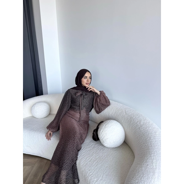 Qu - Linas Ponponlu Şifon Elbise - Kahve