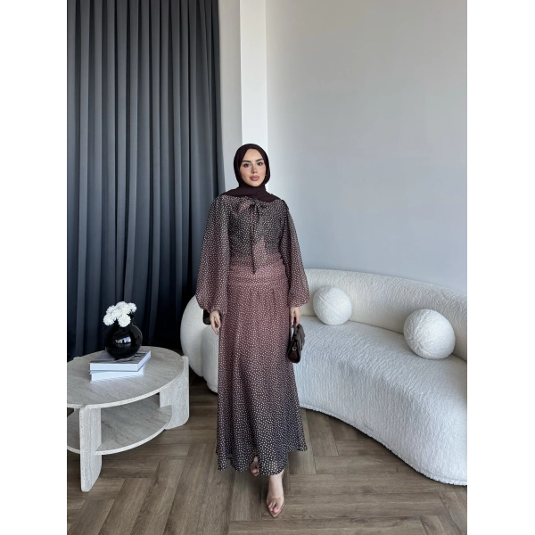 Qu - Linas Ponponlu Şifon Elbise - Kahve