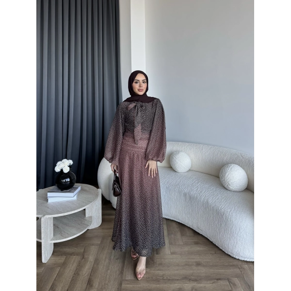 Qu - Linas Ponponlu Şifon Elbise - Kahve