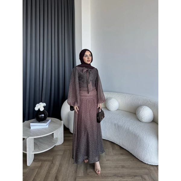 Qu - Linas Ponponlu Şifon Elbise - Kahve