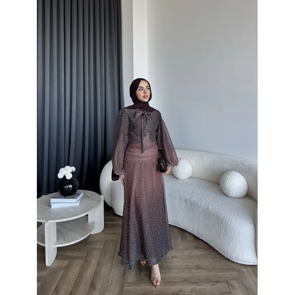 Qu - Linas Ponponlu Şifon Elbise - Kahve