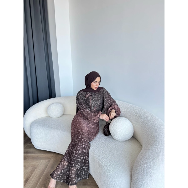 Qu - Linas Ponponlu Şifon Elbise - Kahve