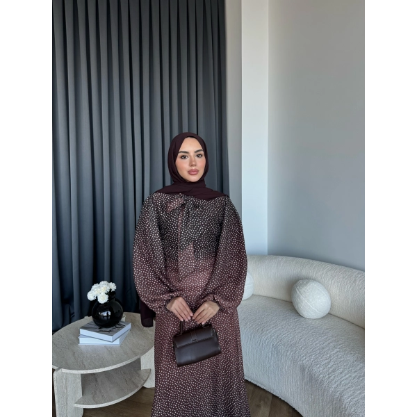 Qu - Linas Ponponlu Şifon Elbise - Kahve