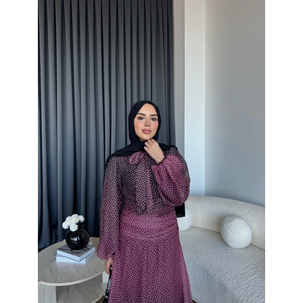 Qu - Linas Ponponlu Şifon Elbise - Bordo