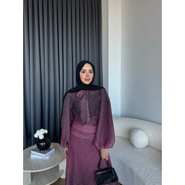 Qu - Linas Ponponlu Şifon Elbise - Bordo