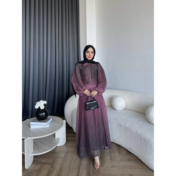 Qu - Linas Ponponlu Şifon Elbise - Bordo