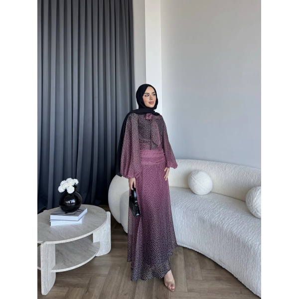 Qu - Linas Ponponlu Şifon Elbise - Bordo