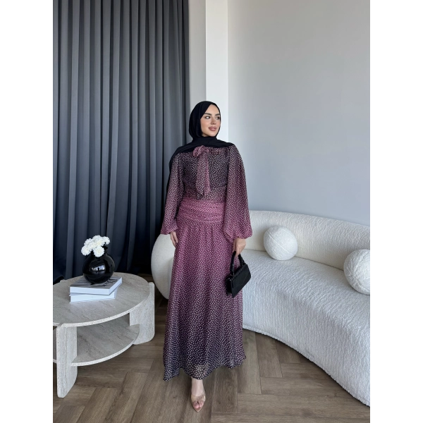 Qu - Linas Ponponlu Şifon Elbise - Bordo