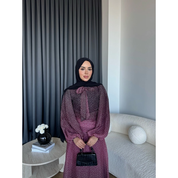 Qu - Linas Ponponlu Şifon Elbise - Bordo