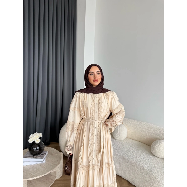 Ng - İthal Dantelli Elbise - Bej