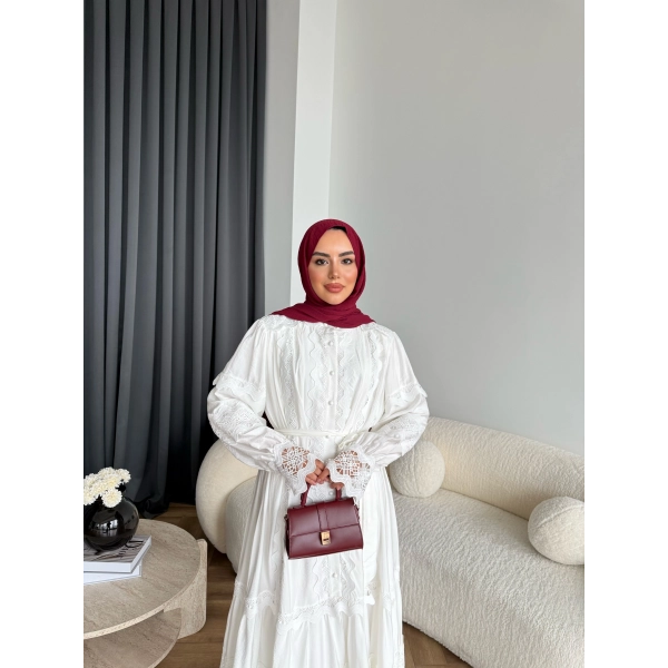 Ng - İthal Dantelli Elbise - Ekru