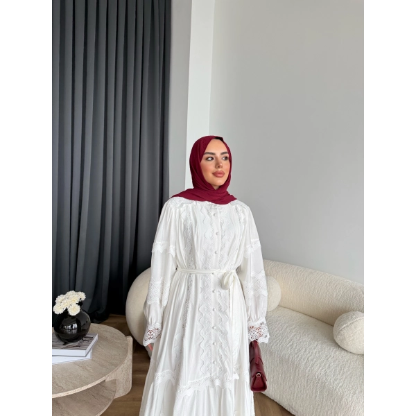 Ng - İthal Dantelli Elbise - Ekru