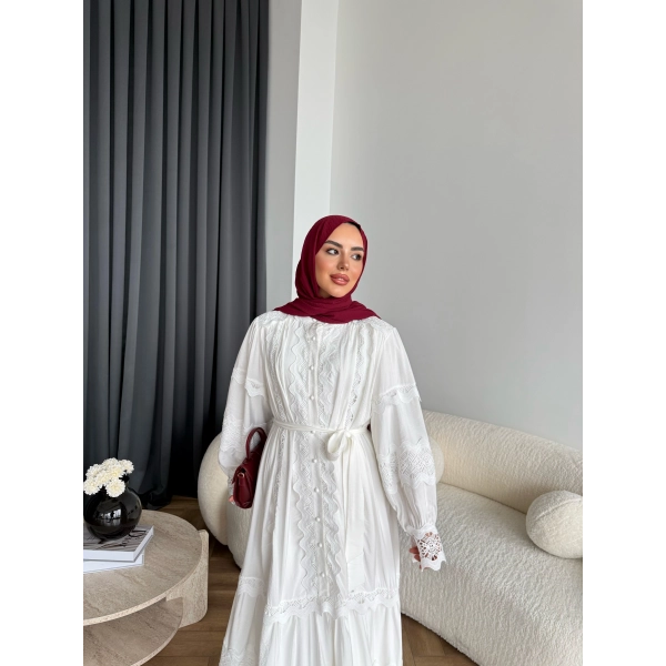 Ng - İthal Dantelli Elbise - Ekru