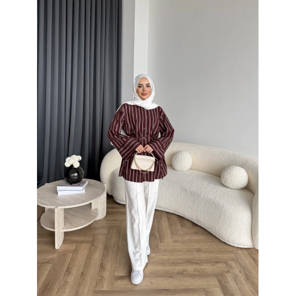 Tb - Veta Çizgili Gömlek - Bordo