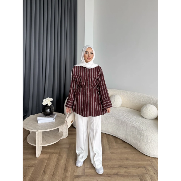 Tb - Veta Çizgili Gömlek - Bordo
