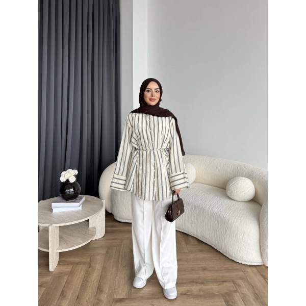 Tb - Veta Çizgili Gömlek - Bej