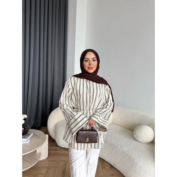 Tb - Veta Çizgili Gömlek - Bej