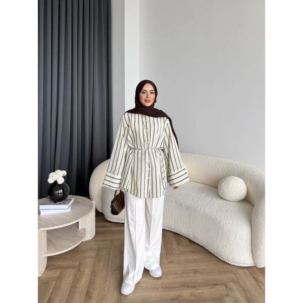 Tb - Veta Çizgili Gömlek - Bej