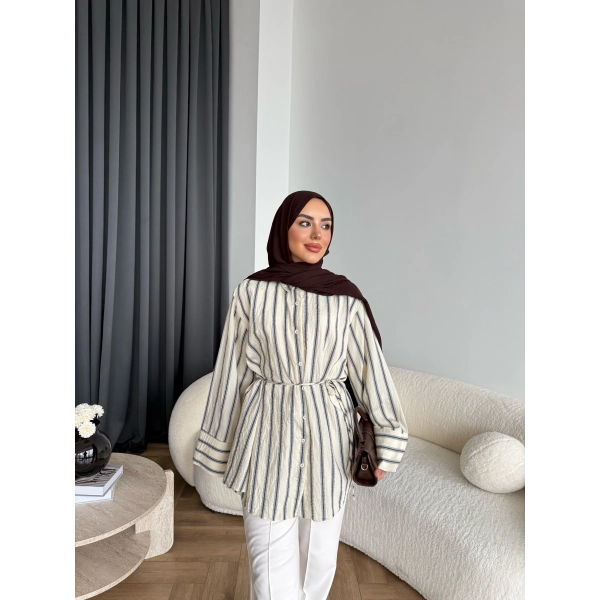 Tb - Veta Çizgili Gömlek - Bej