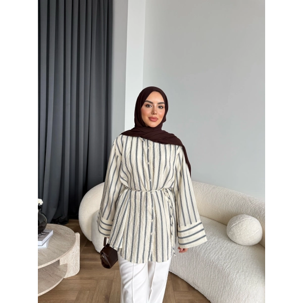 Tb - Veta Çizgili Gömlek - Bej