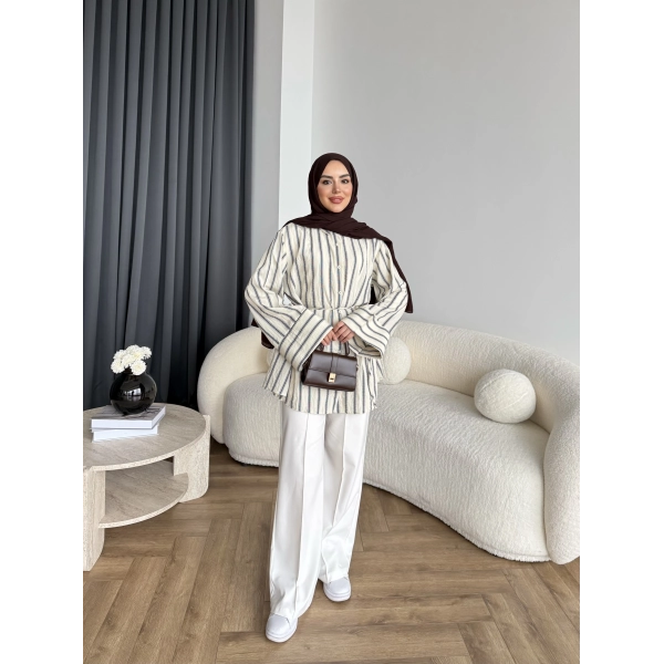 Tb - Veta Çizgili Gömlek - Bej