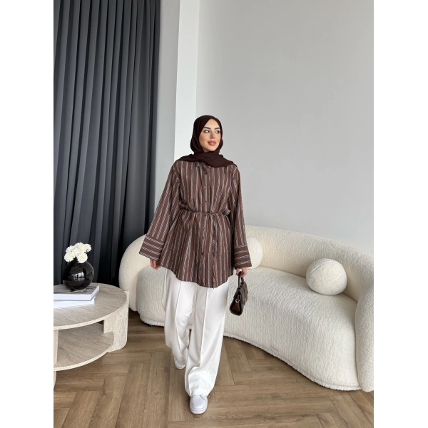 Tb - Veta Çizgili Gömlek - Kahve