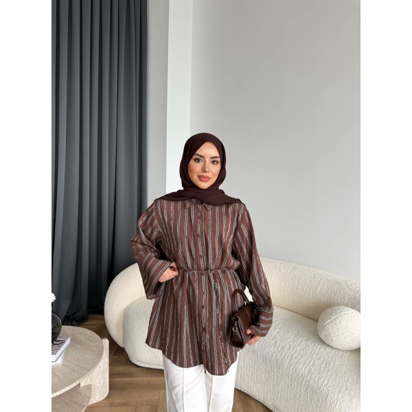 Tb - Veta Çizgili Gömlek - Kahve