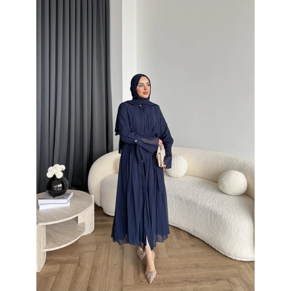 Hen - Lior Piliseli Şifon Elbise - Lacivert