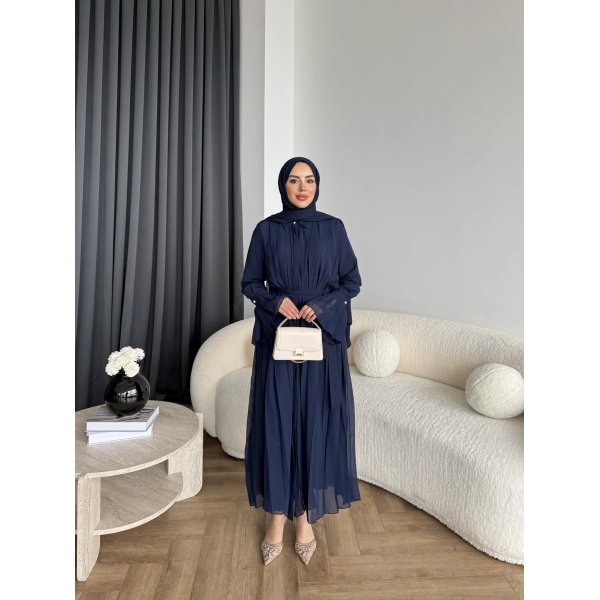 Hen - Lior Piliseli Şifon Elbise - Lacivert