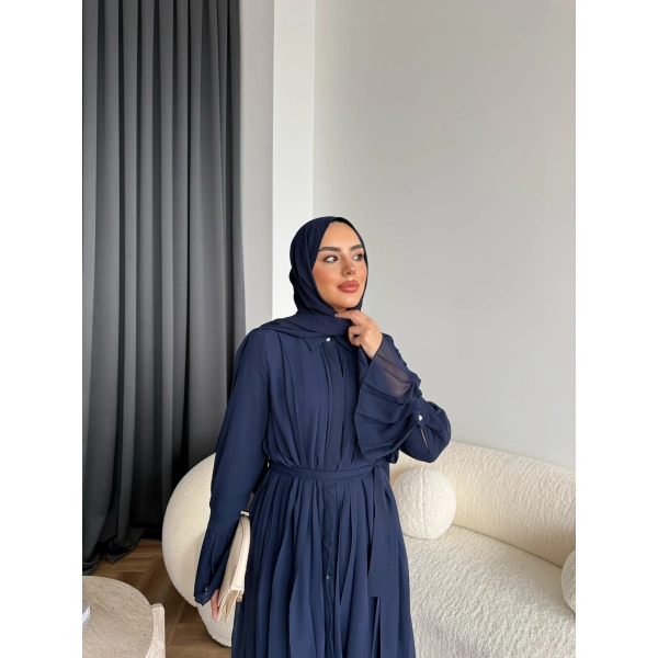 Hen - Lior Piliseli Şifon Elbise - Lacivert