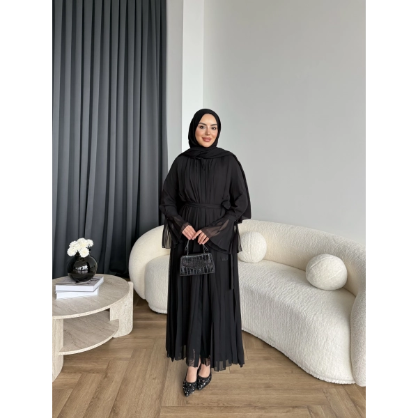 Hen - Lior Piliseli Şifon Elbise - Siyah