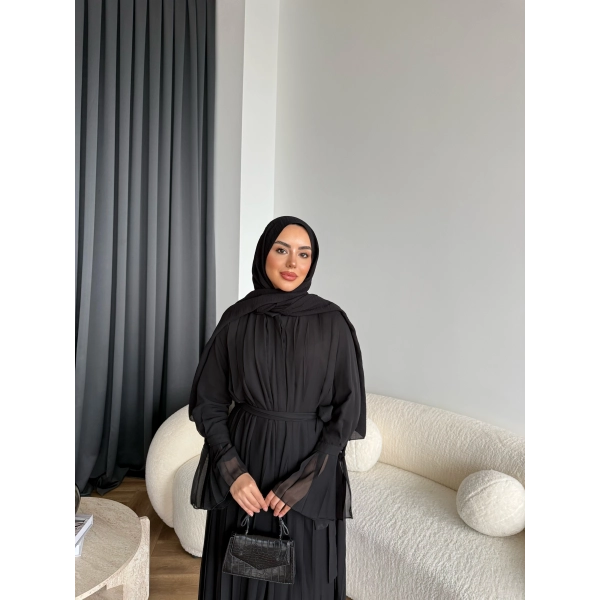 Hen - Lior Piliseli Şifon Elbise - Siyah