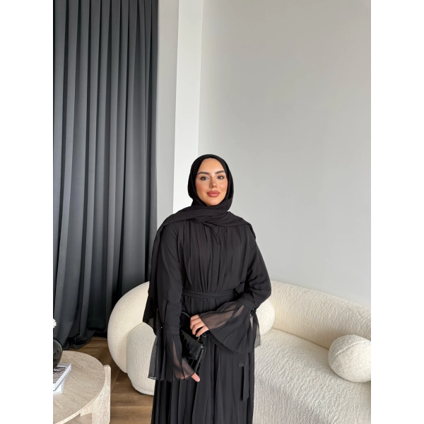 Hen - Lior Piliseli Şifon Elbise - Siyah