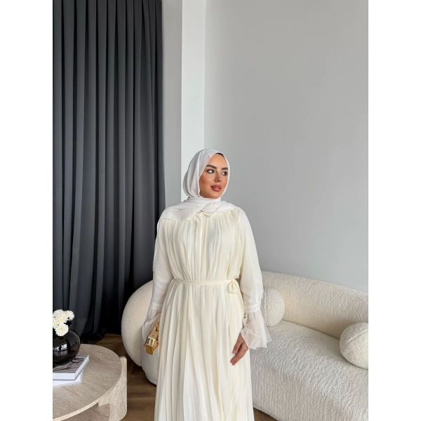 Hen - Lior Piliseli Şifon Elbise - Ekru