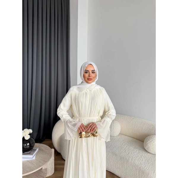 Hen - Lior Piliseli Şifon Elbise - Ekru