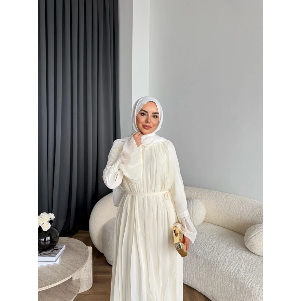 Hen - Lior Piliseli Şifon Elbise - Ekru