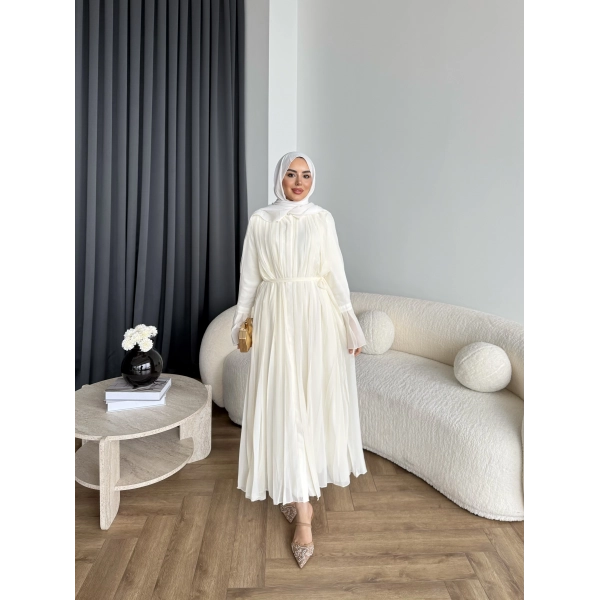 Hen - Lior Piliseli Şifon Elbise - Ekru