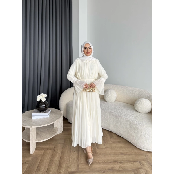 Hen - Lior Piliseli Şifon Elbise - Ekru