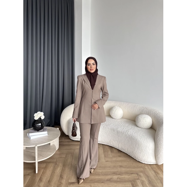 Fuş - Arna Düğme Detay Takım - Kahve