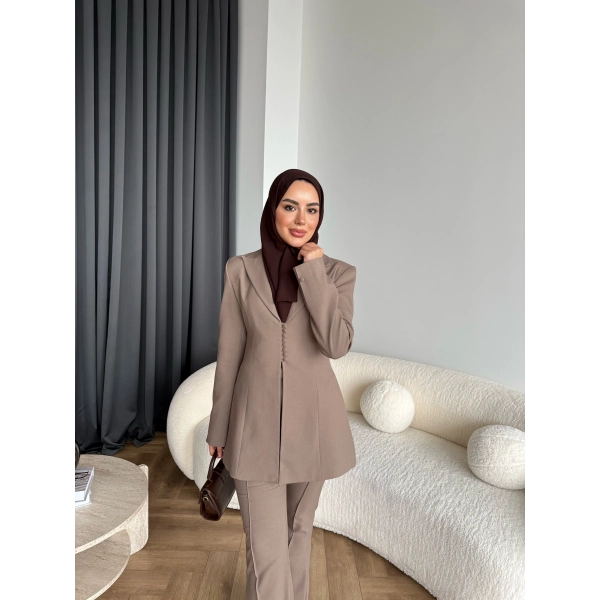 Fuş - Arna Düğme Detay Takım - Kahve