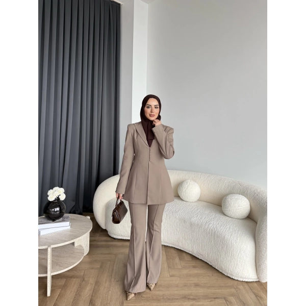 Fuş - Arna Düğme Detay Takım - Kahve