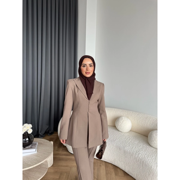 Fuş - Arna Düğme Detay Takım - Kahve