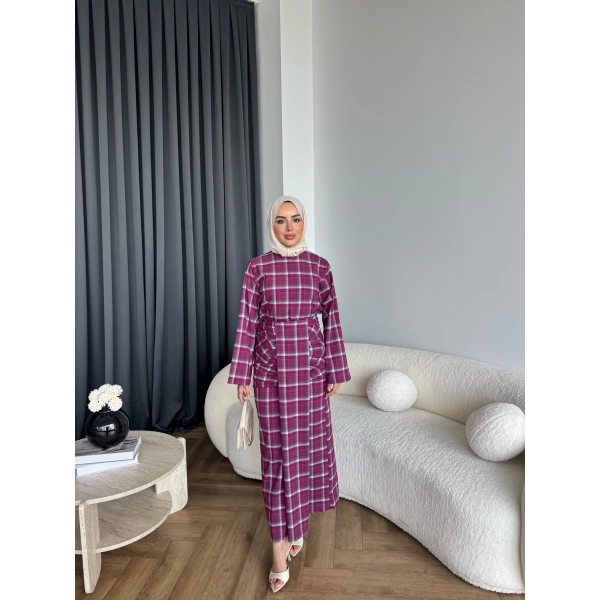 Qu - Carmen Kareli Etekli Takım - Bordo