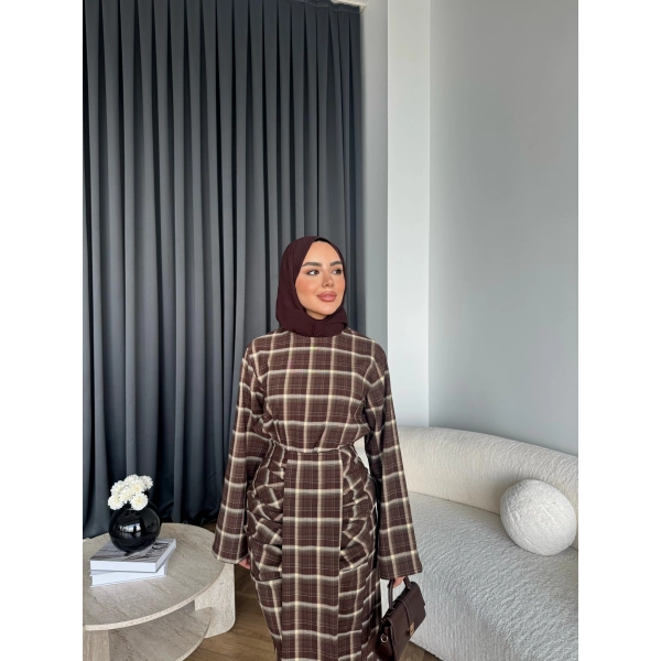 Qu - Carmen Kareli Etekli Takım - Koyu Kahve